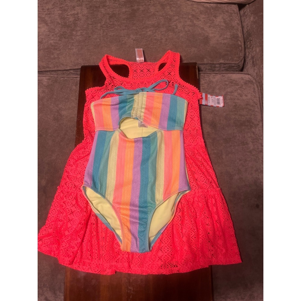 Cat & Jack Girls Rainbow Striped One Piece Swimsuit & Neon Pink Lace CoverUp Set